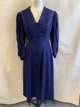 Womens, Coat 1890s-1910s, NL , Blue, Wool, W: 24, B: 36, H: 36, V-N, Single Breasted, Button Front, L/S, Gold Metal Buckle on Each Cuff, Cording Pattern at Yoke, Dark Slate Gray Embroidered Trim, Velvet Trim, Inverted Pleats at Back, Black & Gold Cording Pattern Patch at Back Neck