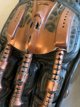 Unisex, Sci-Fi/Fantasy Gloves, N/L MTO, Black, Rose Gold Metallic, Brown, Leather, Fiberglass, Pair, Faux Metal Extensions on Fingers and Back of Hand, Brown Aged Leather Palms with Rough Mends, Wrist Length, Raw Edge Hem, Futuristic, Made To Order,  Multiples