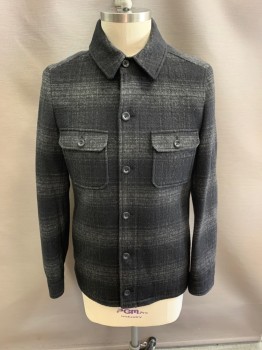 SAKS FIFTH AVENUE, Black, Gray, Wool, Plaid, C.A., Button Front, L/S, 2 Pockets