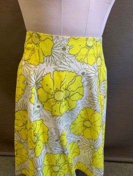 TOP SHOP, Lemon Yellow, White, Olive Green, Cotton, Floral, A-Line, Vertical Panels Throughout, Exposed Gold Zipper In Back