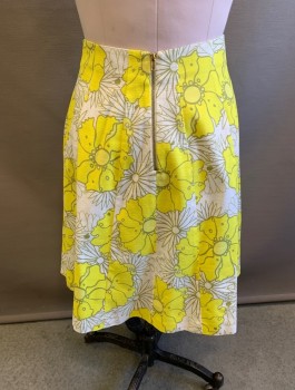 TOP SHOP, Lemon Yellow, White, Olive Green, Cotton, Floral, A-Line, Vertical Panels Throughout, Exposed Gold Zipper In Back