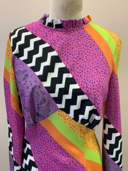 NEVER FULLY DRESSED, Pink, Baby Blue, Yellow, Orange, Neon Green, Polyester, Color Blocking, Abstract , Chevron Pattern, Leopard Pattern, Diagonal Stripes, Paisley, Muck Ruffle Neck, Zip Back, Hem Below Knee