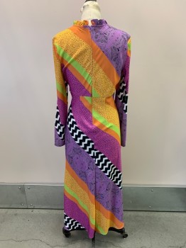 NEVER FULLY DRESSED, Pink, Baby Blue, Yellow, Orange, Neon Green, Polyester, Color Blocking, Abstract , Chevron Pattern, Leopard Pattern, Diagonal Stripes, Paisley, Muck Ruffle Neck, Zip Back, Hem Below Knee