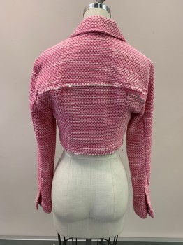 ZARA, Hot Pink, White, Cotton, 2 Color Weave, C.A., Button Front, L/S, 2 Pockets, Raw Edge