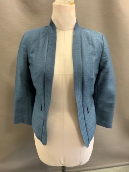 H&M, Blue-Gray, Viscose, Polyester, Stripes - Static , Stand Collar, Self Stitch On Collar/Lapel, Open Front, No Closures, 2 Flap Pckts, Pleated Back Waist, Shorter Hem At Back