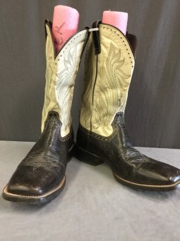 ARIAT, Cream, Black, Teal Blue, Rust Orange, Leather, Geometric, Square Toe with Pronounced Outsole and Welt, Traditional Quarter Stitching and Diamond Perforations
