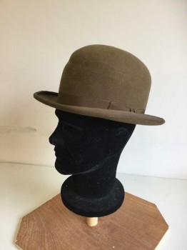 Mens, Bowler Hat 1890s-1910s, Tobacco Brown, Wool, Rayon, Solid, 23", 7 3/8 , 58.4cm, Medium Sized Bowler with Grosgrain Hat Band & Brim Trim