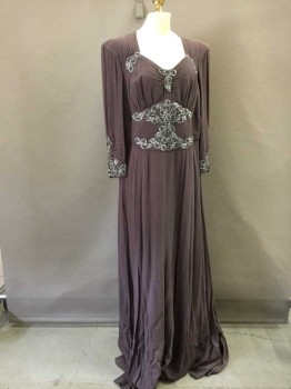 Womens, Evening Gown, NO LABEL, Dusty Purple, Silver, Silk, Rhinestones, Solid, W:  36, B: 44, 3/4 Sleeves, Wide Scalloped Waistband, Gathered Shoulders, Scoop Neck, Gores,  Silver Swirled Rhinestoned Ribbon, Button & Loops Center Back, Floor Length Hem