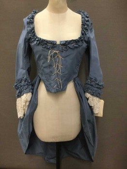 Womens, Historical Fiction Jacket, MTO, Periwinkle Blue, Silk, Solid, 28W, 34B, Lace Front, 3/4 Sleeves, Long Draped Back, Ruffle Edge, Lace Cuffs,