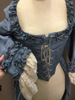 Womens, Historical Fiction Jacket, MTO, Periwinkle Blue, Silk, Solid, 28W, 34B, Lace Front, 3/4 Sleeves, Long Draped Back, Ruffle Edge, Lace Cuffs,