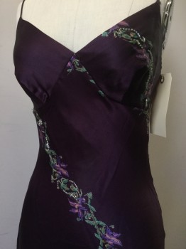 TRACY REESE, Plum Purple, Green, Lavender Purple, Pink, Silk, Beaded, Floral, Plum, Green/ Pink/ Lavender Floral Print Beaded Stripes, V-neck, Spaghetti Straps,