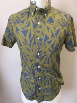 Mens, Hawaiian Shirt, BONOBOS, Olive Green, Periwinkle Blue, Cotton, Abstract , Floral, S, Olive with Periwinkle  Abstract floral Print, Collar Attached, Button Down, Button Front, Short Sleeves,