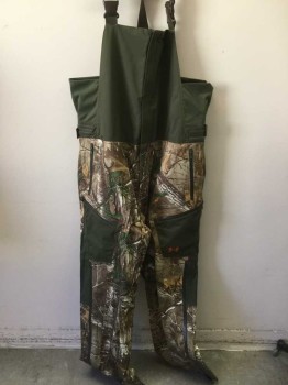 Childrens, Overalls, UNDER ARMOUR, Dk Brown, Tan Brown, Dk Olive Grn, Green, White, Polyester, Hunting Camouflage, Solid, XL, Solid Olive Green Bib and Pockets, REAL TREE Brand Camo, Sent Blocker, Large Enough to Fit a Woman, Zipper on Sides of Legs