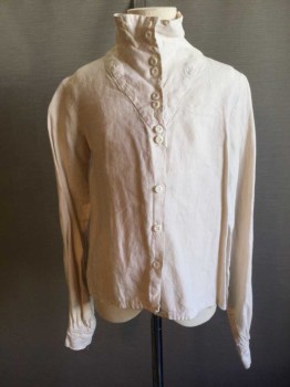 Childrens, Shirt 1890s-1910s, M.T.O., Eggshell White, Cotton, Solid, B 30, Long Sleeves, Button Front, Vneck Collar Attached with High Neck, Gathered At Cuffs
