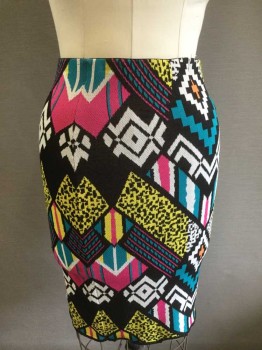 Womens, Dress, Piece 2, DIVIDED, Multi-color, Black, Yellow, White, Hot Pink, Viscose, Geometric, Abstract , Knit, Pencil Shape, Black 1.25" Wide Elastic Inside Waistband, Black/Hot Pink/White/Yellow/Teal Geometric Pattern