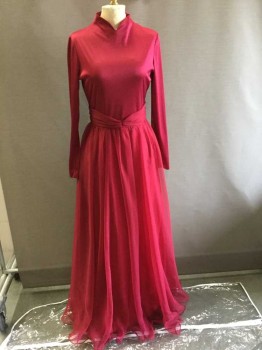MS. ELLIETTE, Dk Red, Polyester, Solid, Sheer Red W/red Lining Gathered Long Skirt, Cut-out High V-neck, Long Sleeves, Gathered Waist Band, Zip Back,