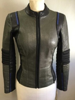 Dk Gray, Black, Blue, Leather, Spandex, Solid, Dk Gray Black & Blue Leather W/ Black Spandex Insets & Quilted Trim Zip Front, Band Collar,