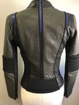 Womens, Sci-Fi/Fantasy Jacket, Dk Gray, Black, Blue, Leather, Spandex, Solid, Xs, Dk Gray Black & Blue Leather W/ Black Spandex Insets & Quilted Trim Zip Front, Band Collar,
