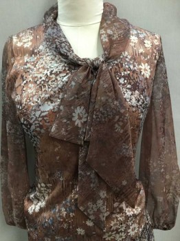 Womens, 1970s Vintage, Top, LADY CAROL, Brown, Dk Brown, Gray, Slate Blue, Polyester, Floral, B:38, Long Sleeves, Pullover, W/Self Bow Detail At Neck, Sleeves Are Sheer Chiffon, Elastic Cuffs, Zipper At Center Back Late 1970's