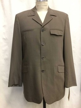 Mens, 1960s Vintage, Suit, Jacket, ENZO, Brown, Wool, Solid, 44L, Notched Lapel, 4 Buttons, 4 Faux Pockets