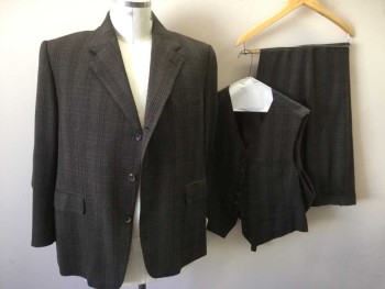 Mens, 1930s Vintage, Suit, Jacket, TIMOTHY EVEREST , Charcoal Gray, Red, Green, Tan Brown, Wool, Plaid-  Windowpane, 48S, Single Breasted, 3 Buttons,  Notched Lapel, Multiples, See FC000526 & FC013393