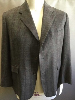 TIMOTHY EVEREST , Charcoal Gray, Red, Green, Tan Brown, Wool, Plaid-  Windowpane, Single Breasted, 3 Buttons,  Notched Lapel, Multiples, See FC000526 & FC013393