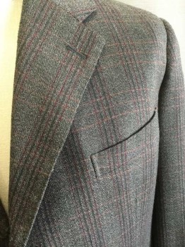 TIMOTHY EVEREST , Charcoal Gray, Red, Green, Tan Brown, Wool, Plaid-  Windowpane, Single Breasted, 3 Buttons,  Notched Lapel, Multiples, See FC000526 & FC013393