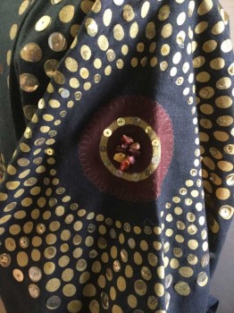 MTO, Black, Gold, Red Burgundy, Cotton, Sequins, Geometric, Printed Gold Dotted Circles Around a Burgundy Center, Gold Sequins Glued On Some Gold Dots, Burgundy Stones Sew On Some Burgundy Centers, Long Sleeves with Opening Slashed at the Wrist, Slashes Trimmed with Burgundy and Dark Brown Beads, Ties at Waist, Tall Stand Collar, Full Skirt Center Back, Split Center Front In Skirt, Aged/Distressed at Hems, Lined In Taupe Dupion Silk, Ethnic, Fantasy