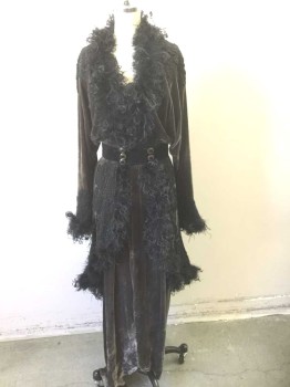 Womens, Evening Dress 1890s-1910s, N/L, Smoky Black, Black, Dk Gray, Silk, Feathers, Floral, Solid, W:24, B:32, Dark Smoky Gray Velvet, Long Sleeves, Black Curly Feather Trim at Neck, Center Front and Edge of Top Skirt Tier, Cuffs, Black Sheer Net Lace with Black Beading Appliqués Throughout, 2" Wide Black Velvet Waistband with 4 Decorative Gold Buttons with Black Jewels, Modesty Panel at Bust/Stomach with Sheer Black Net Over Solid Gray, Hidden Hook & Eye Closures, Skirt is 2 Tiers, with Fuller Peplum Layer on Top and Hobble Skirt Underlayer, Floor Length Hem, Made To Order