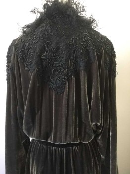 Womens, Evening Dress 1890s-1910s, N/L, Smoky Black, Black, Dk Gray, Silk, Feathers, Floral, Solid, W:24, B:32, Dark Smoky Gray Velvet, Long Sleeves, Black Curly Feather Trim at Neck, Center Front and Edge of Top Skirt Tier, Cuffs, Black Sheer Net Lace with Black Beading Appliqués Throughout, 2" Wide Black Velvet Waistband with 4 Decorative Gold Buttons with Black Jewels, Modesty Panel at Bust/Stomach with Sheer Black Net Over Solid Gray, Hidden Hook & Eye Closures, Skirt is 2 Tiers, with Fuller Peplum Layer on Top and Hobble Skirt Underlayer, Floor Length Hem, Made To Order