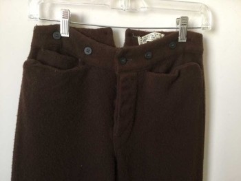 Childrens, Pants 1890s-1910s, RIVER JUNCTION TRADE, Brown, Wool, Solid, Ins27., W 26, Boiled Wool, Button Fly, 4 Pockets, Adjustable Back Waist. Suspender Buttons on Out Waist, Boys