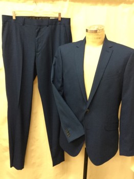 REACTION, Royal Blue, Polyester, Rayon, Solid, Single Breasted, 2 Buttons, Notched Lapel, 3 Pockets,