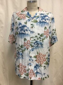 BRANDINI, White, Rust Orange, Green, Navy Blue, Silk, Novelty Pattern, Tropical , Ivory With Rust/ Green/ Navy Novelty Tropical Print, Button Front, Open Collar Attached, Short Sleeves,