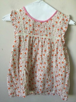 Childrens, Top, MINI BODEN, Cream, Orange, Pink, Green, Rayon, Cashmere, Floral, 9/10, Round Neck,  with Pink Binding, Ruffle Cap Sleeves, Knife Pleated Yoke Center Front, Lace Inserts, Button Back
