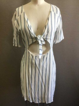 L.A. HEARTS, White, Navy Blue, Rayon, Stripes - Vertical , White with Navy Vertical Striped Gauze, Short Sleeves, Deep V Neck with Self Knotted Ties, Cutout at Midriff, Hem Above Knee