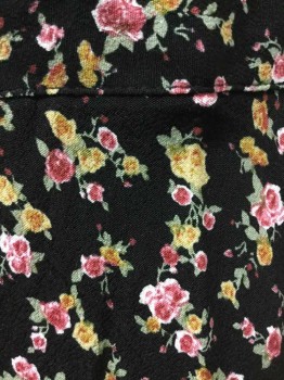 FOREVER 21, Black, Pink, Mustard Yellow, White, Sage Green, Rayon, Floral, 1" Wide Waistband, Invisible Zipper At Center Back, A Line, Hem Above Knee,  Retro 1990's Looking