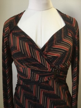 ANNE KLEIN, Brown, Rust Orange, Tan Brown, Black, Polyester, Spandex, Geometric, Abstract , Long Sleeves, Angled Square/V-Neck with Wrapped Closure, Gold Rectangular Buckle Detail at Waist, Hem Below Knee  **Barcode Located Behind Neckline