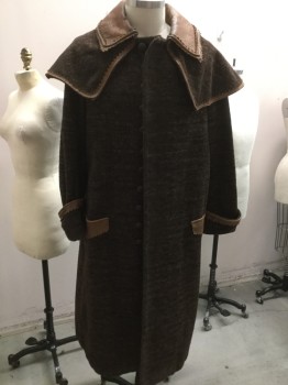 Mens, Historical Fiction Coat, FOX N/.L, Brown, Wool, Leather, Check - Micro , 46, Brown Leather Texture Collar & Trim on Cape. Button Front , Leather Trim on Pkt Trim  & Cuffed Slvs