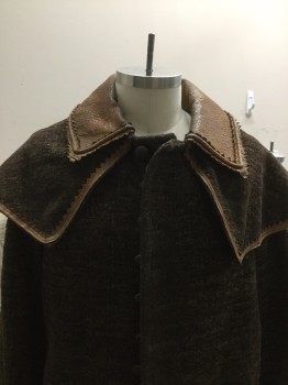 Mens, Historical Fiction Coat, FOX N/.L, Brown, Wool, Leather, Check - Micro , 46, Brown Leather Texture Collar & Trim on Cape. Button Front , Leather Trim on Pkt Trim  & Cuffed Slvs