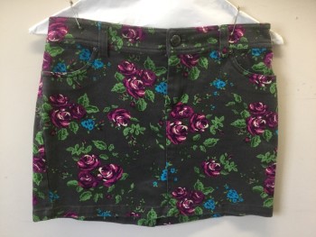 I LOVE H81, Gray, Purple, Magenta Purple, Green, Turquoise Blue, Cotton, Spandex, Floral, Gray with Purple/Magenta/Cream/Turquoise Flowers with Green Leaves, Stretch Twill, Zip Fly, 4 Pockets, Belt Loops