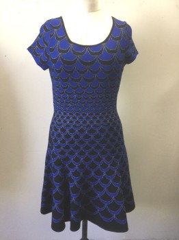 DVF, Royal Blue, Black, Silver, Rayon, Polyester, Geometric, Stretchy Knit, Royal Blue and Black Scallopped Patter with Silver Shiny Outline, Short Sleeves, Scoop Neck, A-Line Skirt, Knee Length