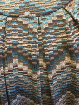 NEW DIRECTIONS, Brown, Turquoise Blue, Tan Brown, Teal Blue, Black, Polyester, Spandex, Zig-Zag , Ballet Neck, 3/4 Sleeves, Lego Block Zig Zag Pattern