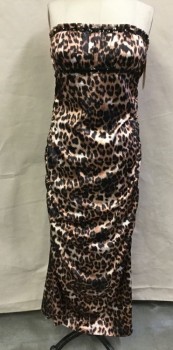 FREDRICK'S OF H.W., Black, Brown, Cream, Polyester, Rhinestones, Animal Print, Strapless, Side Zipper, Gathered Bust, Elastic Waist, Rouched Sides