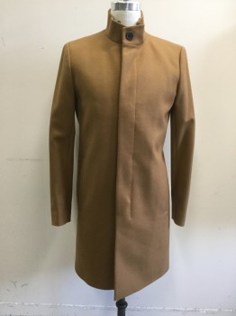 Mens, Coat, Overcoat, THEORY, Caramel Brown, Wool, Cashmere, Solid, 38R, S, Button Front, Hidden Placket, 2 Pockets, Stand Collar, Knee Length