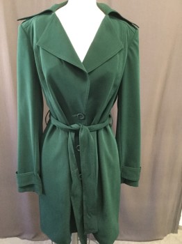 MAAS, Emerald Green, Silk, Solid, Peaked Lapel, Button Front, Epaulet, Cloth Belt, Satin Lining