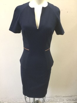 TED BAKER, Navy Blue, Viscose, Polyester, Solid, Double Knit Jersey, Short Sleeves, Round Neck with V Shape Notch at Center, Princess Seams, Peplum Waist with Rose Gold Zipper Detail at Waist, Knee Length, Rose Gold Zipper Closure in Back From Center Back Neck to Hem