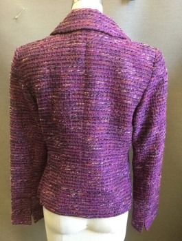 LAFAYETTE 148, Purple, Iridescent Purple, Terracotta Brown, Magenta Pink, Acrylic, Wool, Speckled, Stripes - Horizontal , Textured Horizontally Ribbed Boucle, Single Breasted, 3 Buttons, Rounded Notch Collar, Padded Shoulders, Fitted, 2 Pockets, Solid Purple Lining, High End/Pricey