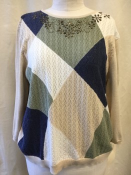 ALFRED DUNNER, White, Beige, Green, Navy Blue, Metallic, Cotton, Acrylic, Geometric, Color Blocking, Round Neck with Beaded Detail ,  Delicate Open Work