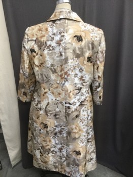 Womens, Suit, Jacket, JOHN MEYER, Tan Brown, Brown, Gray, Black, White, Polyester, Floral, 18w, Shawl Collar, 2 Button Front, Slit Pocket, 3/4 Sleeve