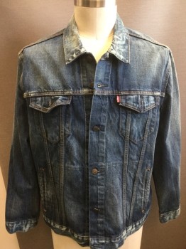 LEVI'S, Denim Blue, Cotton, Solid, Button Front, Long Sleeves, Collar Attached, Orange Top Stitching, Slit Pockets